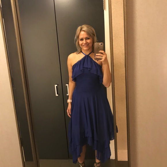 Bebe Women's Blue Ruffled Hanky Hem Dress XS salsa - Picture 7 of 7